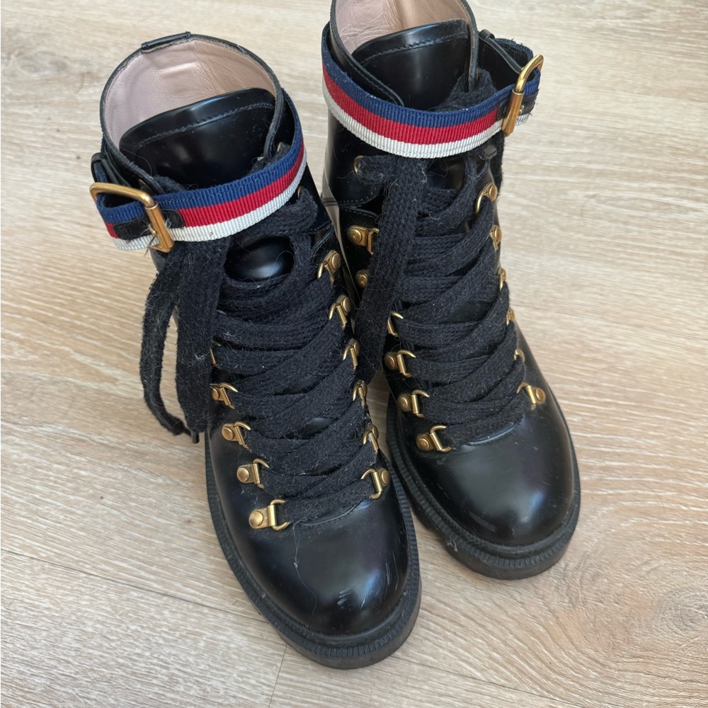 Gucci Calfskin Sylvie Web Womens Lace Up Combat Boots size 36 black - Picture 2 of 6